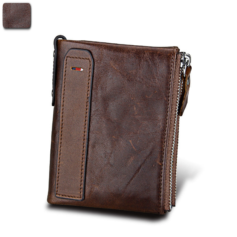Wholesale Crazy Horse Cowhide Leather Wallet Double Zipper Coin Purse
